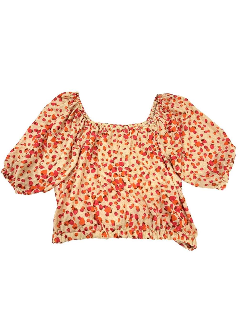 Ann Taylor Strawberry Print Puff Sleeve Summer Off The Shoulder Top- Size Large